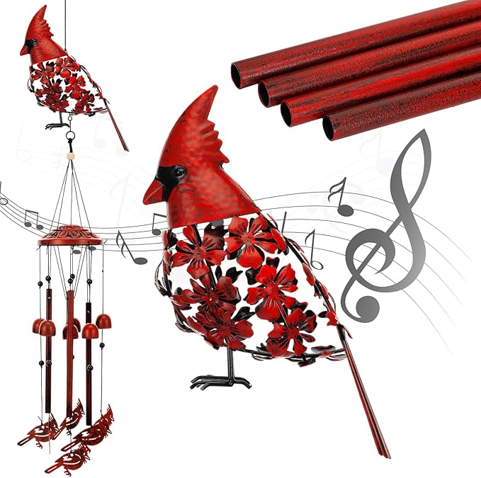Cardinal Wind Chimes for Outside 34'' 3D Red Bird Metal Wind Chimes Hanging Decoration Cardinal Gifts Women Grandma Mom Memorial Red Bird Decor for Outdoor Garden Yard Patio Backyard
