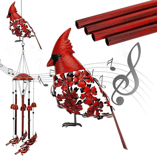 Cardinal Wind Chimes for Outside 34'' 3D Red Bird Metal Wind Chimes Hanging Decoration Cardinal Gifts Women Grandma Mom Memorial Red Bird Decor for Outdoor Garden Yard Patio Backyard