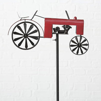 Americana Garden Stake, Red Farm Tractor, Turning Wheels, Vintage Finish, Artisan Crafted, Iron, Hammered Wheel Spoke Details, Single Prong, 51 Inches Tall