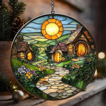 Whimsical Vivid Village Mosaic Art Acrylic Suncatcher Stained Glass Effect Window Car Hanging Christmas Ornament Indoor Outdoor Decor Garden Sun Catcher Panel for Scenery Lover for Women Mom Grandma