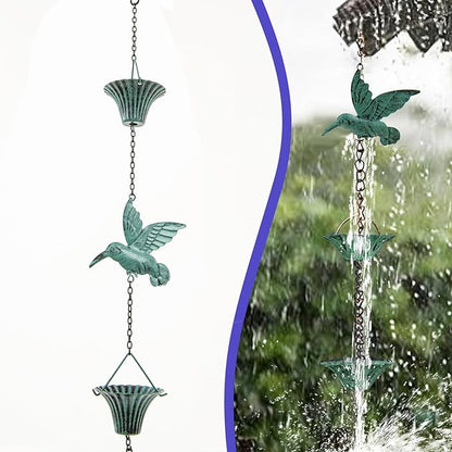 8.5FT Rain Chain for Gutters, Rain Chains for Outside with 7 Cups + 7 Birds, Rustproof Rain Catcher Chain, Replacement for Downspout (Blue Bird)