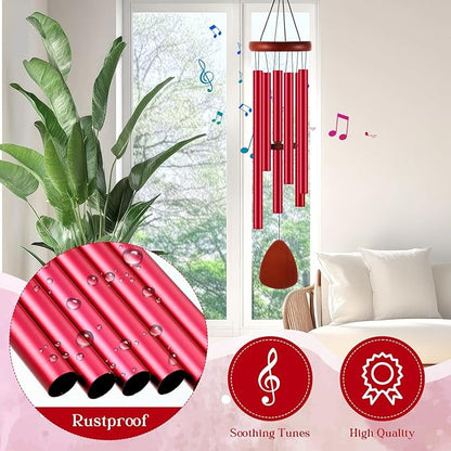 Leinuosen Wind Chimes for Outside Wind Chimes Outdoors Deep Tones 28" with 6 Aluminum Tubes Memorial Sympathy Windchime for Valentine Tree Decor Garden Courtyard Mom Loved One Gifts(Classic,Red)
