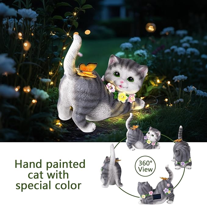 Solar Garden Statue Cat Figurine, Resin Solar Lights with Flower Decor for Outside, Yard Art Patio Balcony Lawn Decorations, Unique Gifts for Mom Grandma Women and Cat Lover (Black)