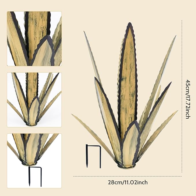 Metal Agave Plants Outdoor Decor with Stake, Rustic Metal Cactus Yard Art, Yard Sculpture Outdoor, Apricot, Small, Sculpture