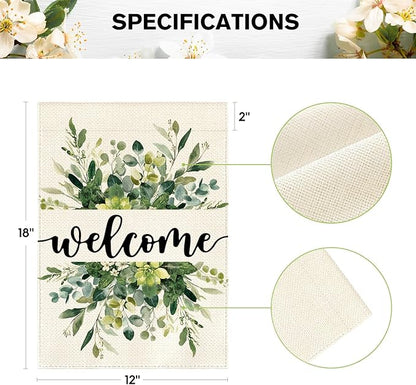 AVOIN colorlife Spring Summer Floral Welcome Garden Flag 12x18 Inch Double Sided Outside, Eucalyptus Seasonal Farmhouse Yard Outdoor Flag