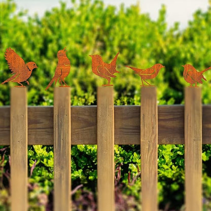 Rusty Metal Bird Garden Decor – 5PCS Iron Bird Silhouette Ornaments, Rustic Yard Art Decorations for Fence, Trees, Gates & Outdoor Decor