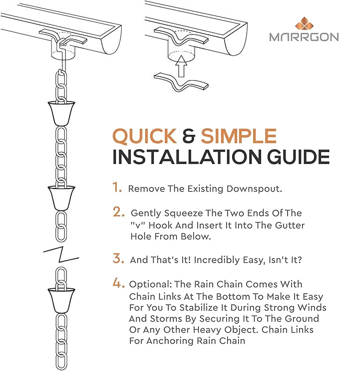 Copper Rain Chain – Decorative Chimes & Cups Replace Gutter Downspout & Divert Water Away from Home for Stunning Fountain Display – 6.5’ Long for Universal Fit – Pot Style