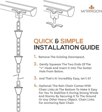 Copper Rain Chain – Decorative Chimes & Cups Replace Gutter Downspout & Divert Water Away from Home for Stunning Fountain Display – 6.5’ Long for Universal Fit – Pot Style