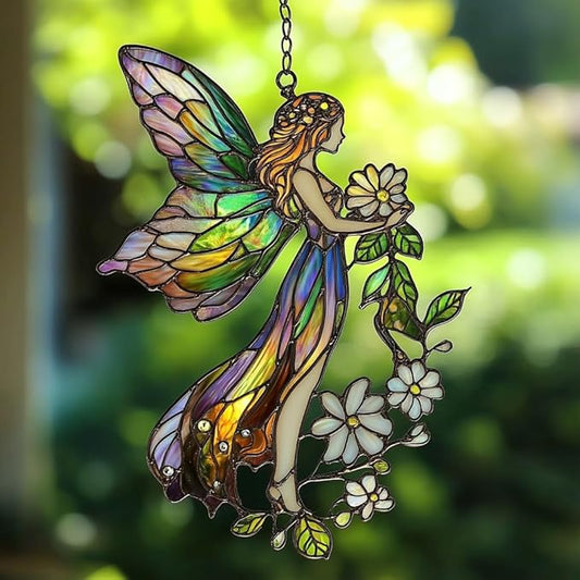 Floral Forest Fairy Acrylic Suncatcher Stained Glass Effect Window Car Hanging Christmas Ornament Indoor Outdoor Decor Garden Sun Catcher Panel for Fairy Lover for Women Mom Grandma