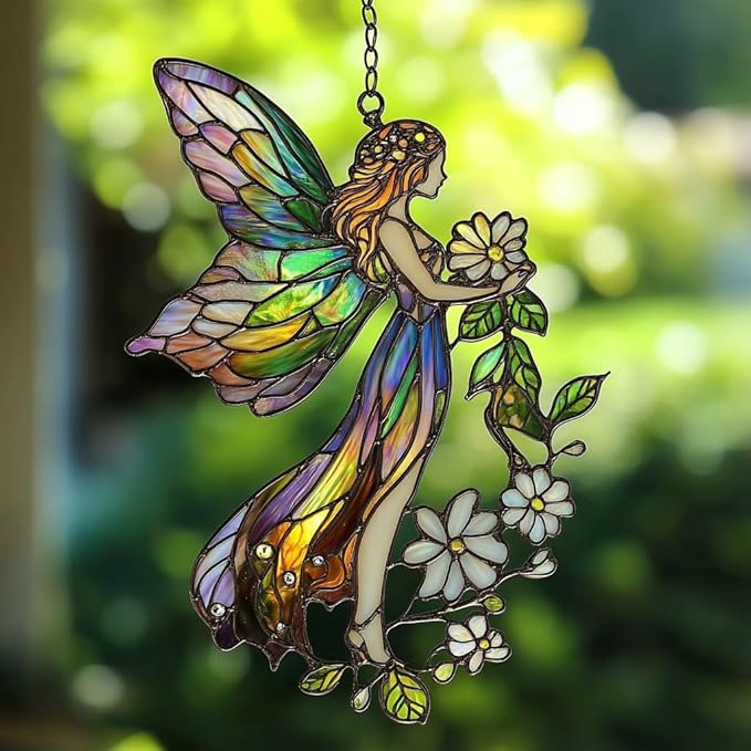 Floral Forest Fairy Acrylic Suncatcher Stained Glass Effect Window Car Hanging Christmas Ornament Indoor Outdoor Decor Garden Sun Catcher Panel for Fairy Lover for Women Mom Grandma