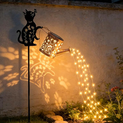 Solar Outdoor Garden Decorative Watering Can with Light, Featuring Metal Cat Silhouette Garden Stake, Waterproof Garden Decor,for Lawns, Pathways,Garden Gift for Women