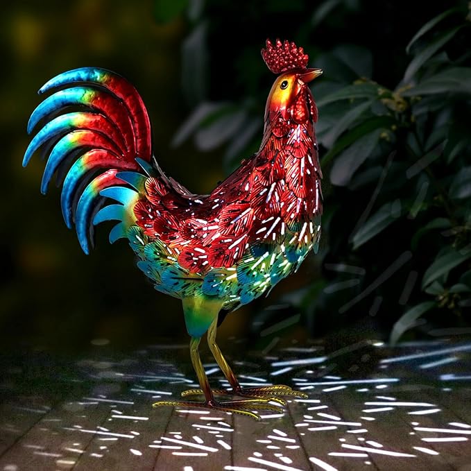 Kircust Solar Metal Rooster Animal Lights Garden Sculptures Art Decor, Outdoor LED Light Color Chicken Statue for Farm Patio Lawn Back Yard Home Decorations,13.98" WX5.9 DX16.74 H