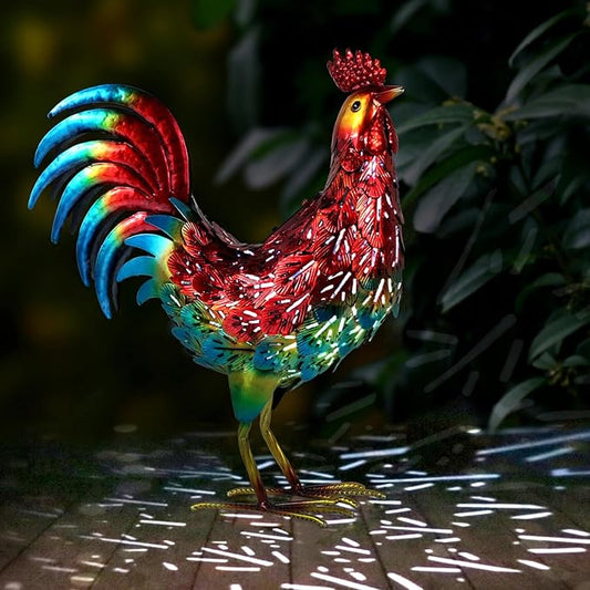 Kircust Solar Metal Rooster Animal Lights Garden Sculptures Art Decor, Outdoor LED Light Color Chicken Statue for Farm Patio Lawn Back Yard Home Decorations,13.98" WX5.9 DX16.74 H