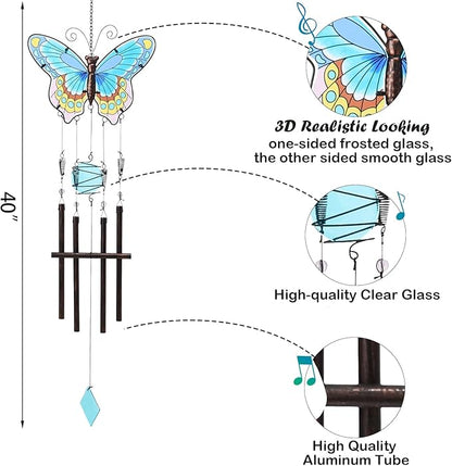 Taman Wind Chimes, 40" Butterfly Glass Wind Chime Colourful Wings Decorative Valentine's Day Gift Memorial Sympathy Gift Mom for Home, Outdoor, Yard, Patio,Garden Decor