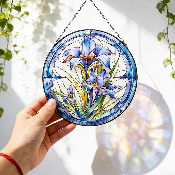 7.87" Sun Catchers Indoor Window,Butterfly Stained Glass Window Hanging, Window Suncatcher Hanging Ornaments Wall Art, Hand-Painted Glass Panel Home Decor (Style N)