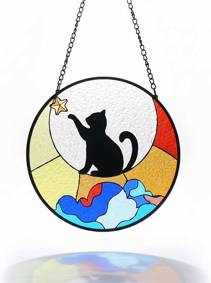 Black Cat Stained Glass Window Hanging Ornament, Cat Suncatcher Indoor Wall Art, Boho Cottagecore Moon Kitten Wall Hanging Decorations, Gifts for Cat Lovers, 5.9''