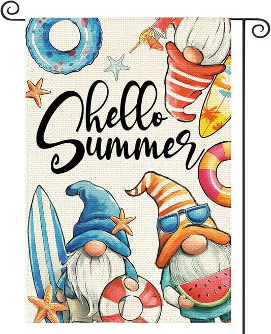 AVOIN colorlife Hello Summer Gnomes Garden Flag 12x18 Inch Double Sided, Coastal Seasonal Holiday Burlap Yard Outdoor Decoration