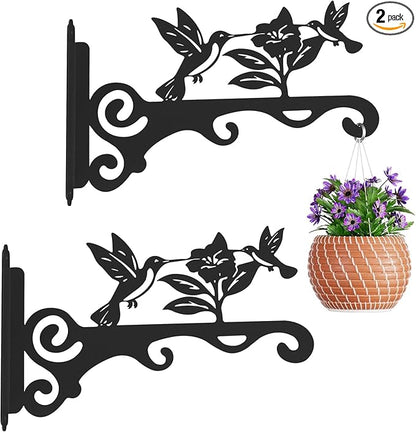 Elegant Bird Pattern Wall Hooks - 10/12/14 Inch Metal Plant Hangers for Indoor & Outdoor - Rust-Resistant Bracket for Plants, Feeders, Chimes, Lanterns (2, Black, 14 inch)