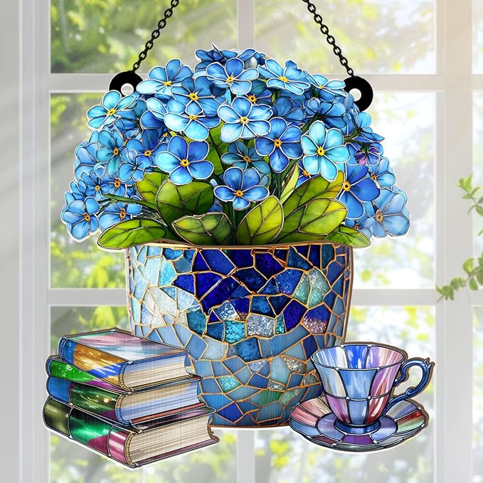 Jesuspirit - Window Hanging Suncatcher – Crystal Clear Acrylic & Wood Sun Catcher for Home Decor, for Women (Forget-Me-Not, Books, and Tea, 8 Inches)