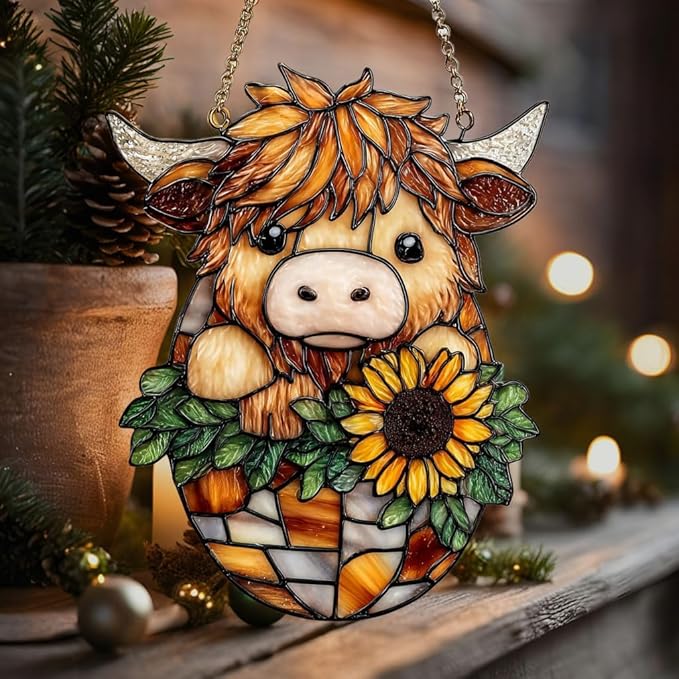 Mosaic Highland Cow and Sunflowers Acrylic Suncatcher Stained Glass Effect Window Car Hanging Christmas Ornament Indoor Outdoor Decor Garden Sun Catcher Panel for Cow Lover for Women Mom Grandma