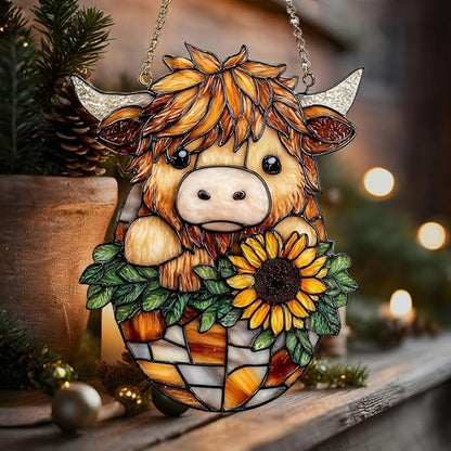 Mosaic Highland Cow and Sunflowers Acrylic Suncatcher Stained Glass Effect Window Car Hanging Christmas Ornament Indoor Outdoor Decor Garden Sun Catcher Panel for Cow Lover for Women Mom Grandma