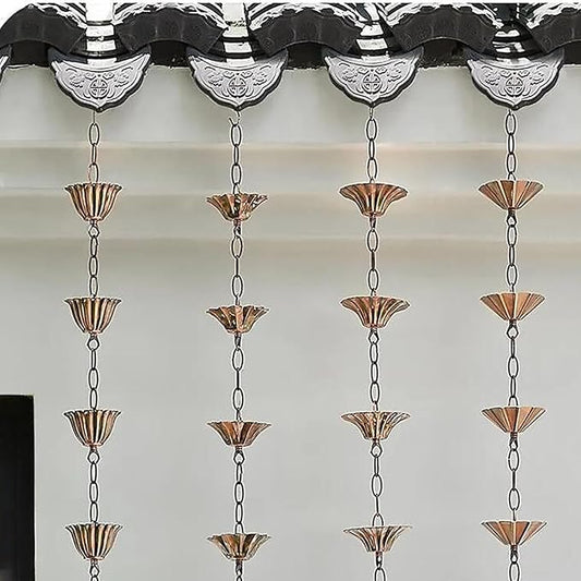 Copper Plated Rain Chain for Outside Downspouts,Adjustable Rain Catcher Chain for Eaves Drainage,Decorative Metal Hanging Flower Spiral Rain Bells(E)