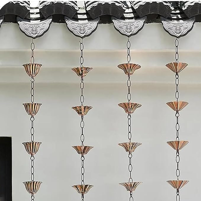 Copper Plated Rain Chain for Outside Downspouts,Adjustable Rain Catcher Chain for Eaves Drainage,Decorative Metal Hanging Flower Spiral Rain Bells(D)