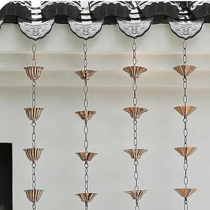 Copper Plated Rain Chain for Outside Downspouts,Adjustable Rain Catcher Chain for Eaves Drainage,Decorative Metal Hanging Flower Spiral Rain Bells(B)