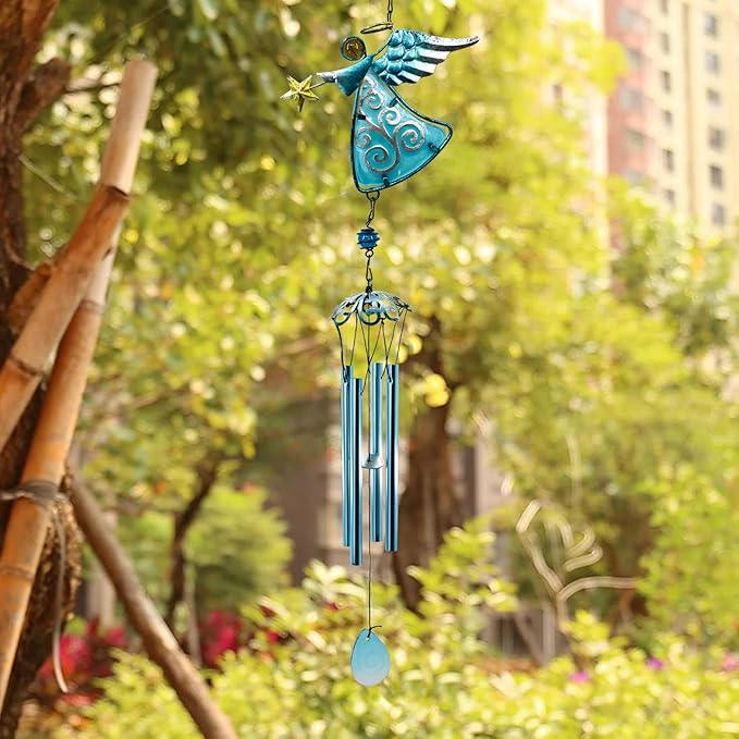 MrMrKura Angel Wind Chimes, 31.5” Angel Metal Wind Chimes for Outside with Metal Tubes & S Hook for Home Garden Decoration Christmas Decoration Hanging Ornament Wind Bell Gifts for Mom (Blue)