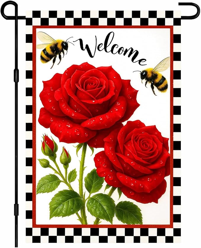 IVN Welcome Garden Flag 12x18 Inch Double Sided Spring Summer Garden Yard Flags Red Rose Flowers Bees Decorative Small Flags for Outdoor Seasonal Front Door Lawn Porch Patio Decor Yard Flag
