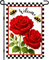 IVN Welcome Garden Flag 12x18 Inch Double Sided Spring Summer Garden Yard Flags Red Rose Flowers Bees Decorative Small Flags for Outdoor Seasonal Front Door Lawn Porch Patio Decor Yard Flag