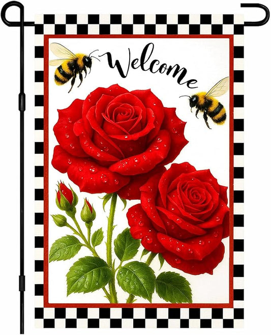 IVN Welcome Garden Flag 12x18 Inch Double Sided Spring Summer Garden Yard Flags Red Rose Flowers Bees Decorative Small Flags for Outdoor Seasonal Front Door Lawn Porch Patio Decor Yard Flag