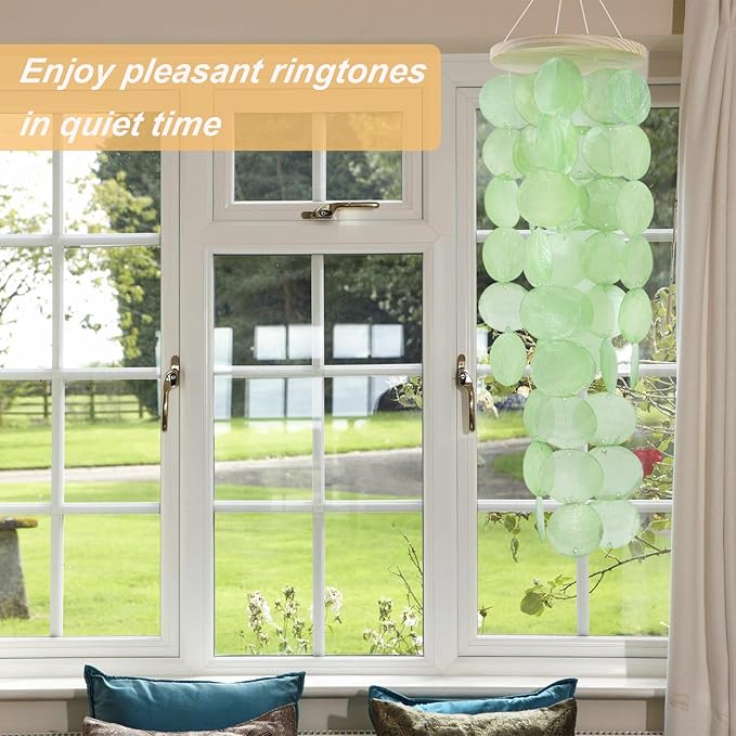 Wind Chimes for Outside, Handcrafted Green Capiz Shells Windchime Coastal Style Decor for Indoor/Outdoors, Garden Decor, Great for Women, Wind Chimes Lovers and More