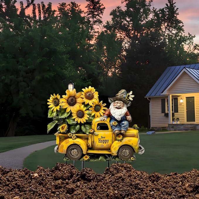Garden Stake Decor, Acrylic 2D Flat Cute Animal Statue, Fairy Sculptures Ornament Indoor Outdoor Yard Lawn Pot Plant Decorative Accessories (A Truck Filled with Sunflowers)