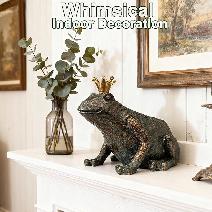 Crouching Frog Prince Garden Statue, Yard Decorations Outdoor Decor, Weather-Resistant Animal Figurines & Sculptures for Patio & Porch, 11.5" L×8" H