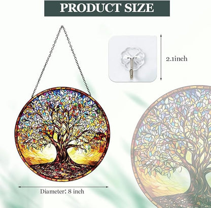 Stained Glass Window Hanging - Colorful Tree of Life Suncatcher with Metal Chain, Glass Panel Ornament for Home Window Wall Indoor Outdoor Decor Gift