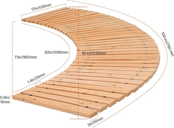 Happybuy Wooden Garden Pathway, 8 ft x 17 in, Non-Slip Curved Walkway. Roll Out Cedar Outdoor Path with Wire Rope Connection. Decorative for Backyard Boardwalk Wedding Party.
