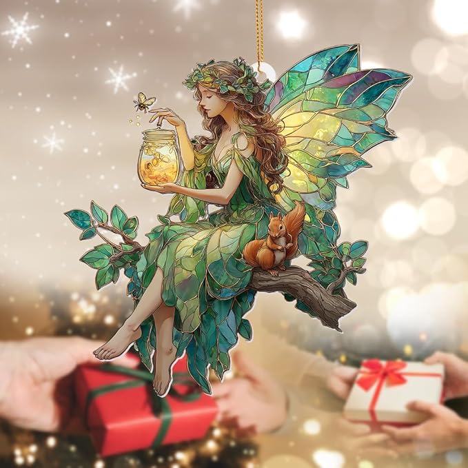 Fairy Stained Glass Acrylic Ornament – Enchanted Forest Fairy with Squirrel, Hanging Window Sun Catcher Decoration, Whimsical Christmas Ornament Gift for Women and Girls (Sun-32)