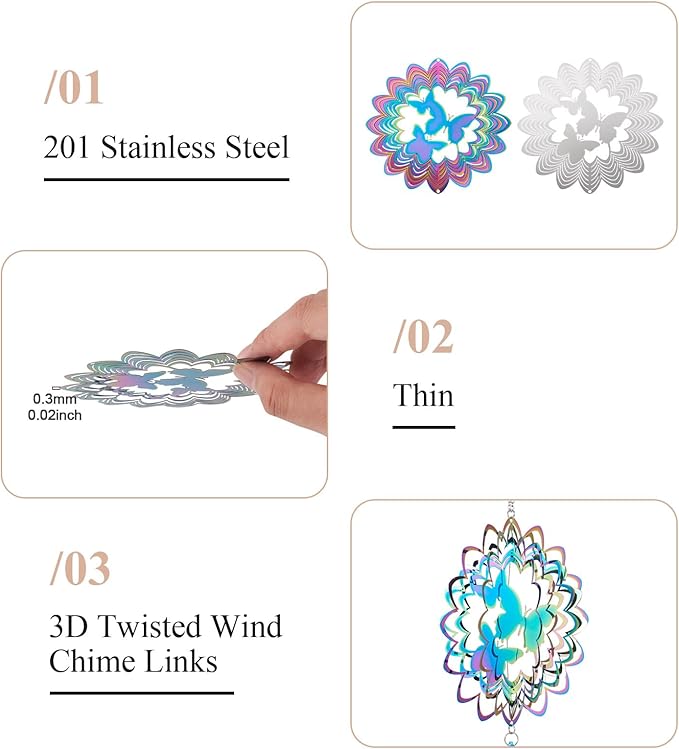 Stainless Steel Reflective Wind Spinners Outsides 3D Twisted Wind Chimes Gradient Butterfly Etched Metal Embellishments for Outdoor Indoor Garden Hanging Decor 2Pcs