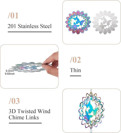 Stainless Steel Reflective Wind Spinners Outsides 3D Twisted Wind Chimes Gradient Butterfly Etched Metal Embellishments for Outdoor Indoor Garden Hanging Decor 2Pcs