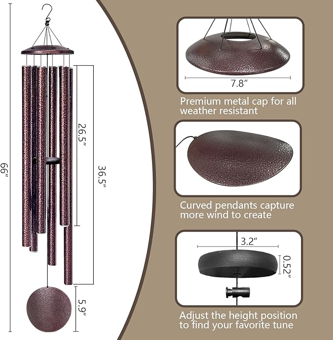 66" Wind Chimes for Outside Deep Tone - 6 Thicken Tubes Memorial Wind Chimes for Loss of Love One, Gifts for Women, Mom, Grandma, Sympathy, Large Windchimes for Outdoor, Garden, Patio (Bronze)