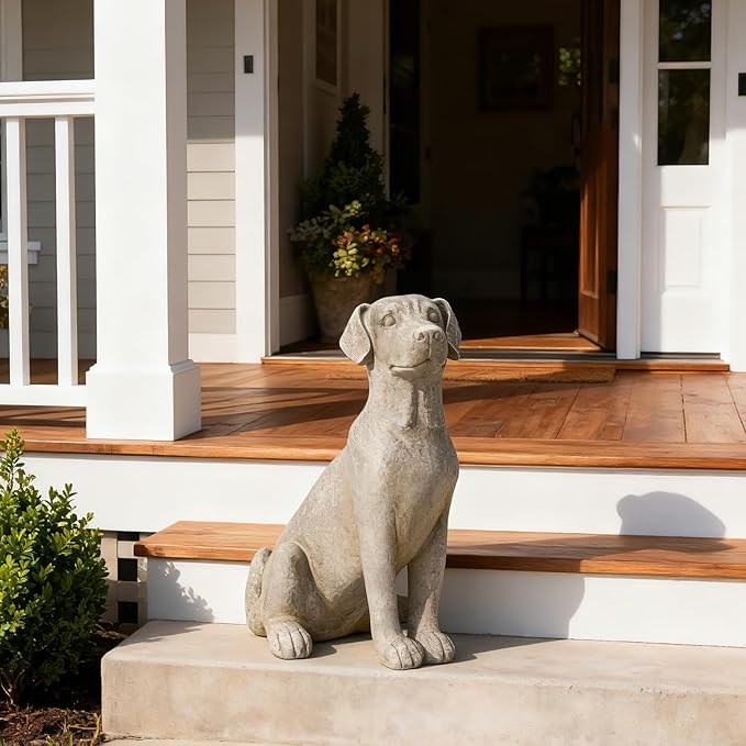 Cynkeyee Outdoor Garden Dog Statue - 15 Inch Resin Sitting Labrador Sculpture, Decorative Figurine for Patio, Lawn, Yard, Porch (White)