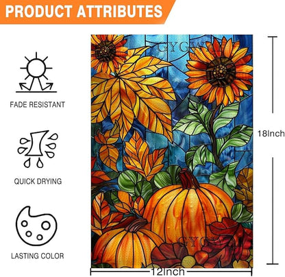 Fall Pumpkin Garden Flag for Outside 12x18 Inch Double Sided Stained Glass Burlap Autumn Thanksgiving Yard Flags for Farmhouse Rustic Holiday Decorations