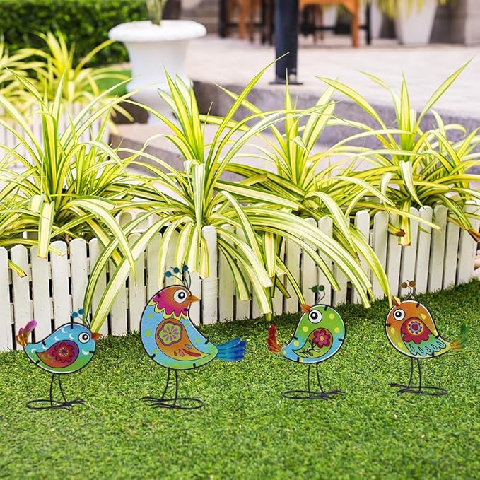 4 Pack Bird Garden Decor for Outside, Glass & Metal Yard Art Decoration for Porch Patio, Garden Statues Sculpture Gifts for Grandma Mom Women (Colorful)