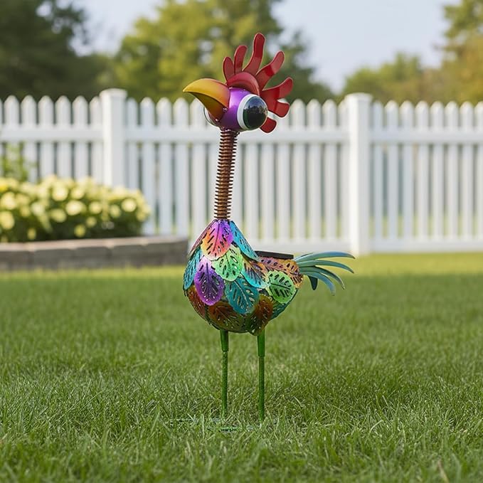 Outdoor Wacky Metal Rooster Garden Statue, Solar Wacky Rooster Yard Decor,Garden Decor for Outside,Solar Metal Chicken Statue for Patio,Porch,Yard,Lawn Ornament, Garden Chicken Gift