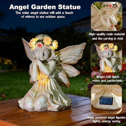 VEEKI Solar Angel Garden Statue Outdoor, Praying Angel Statues Solar Figurine Lights Outdoor Waterproof, Resin Angel Sculpture for Garden Yard Lawn Grave Cemetery Decor, Gift for Mom Grandma Women