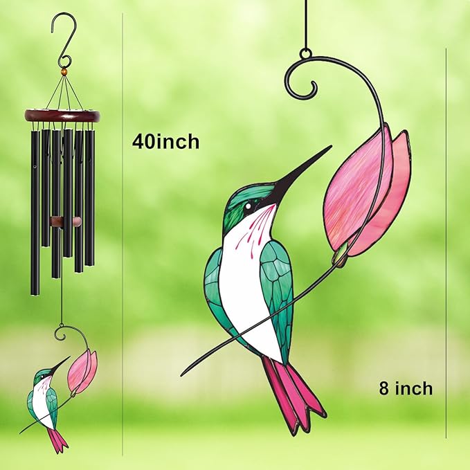 Personalized Metal Wind Chime Garden Sign, 40 Inch Outdoor Colorful Bird & Flower Memorial Decor, Yard Hanging Plaque for Patio Porch Lawn (JSTY367)