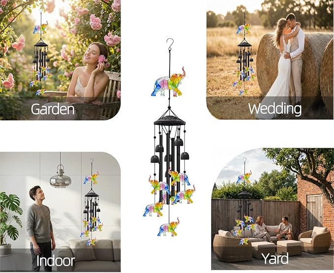 35.4" Elephant Wind Chimes for Outside, Metal Windchimes, Elephants Wind Chime Garden Decor, Mothers Day Birthday Memorial Gifts for Mom Grandma Wife, Durable Outdoors Decor