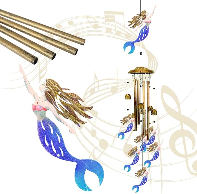 Mermaid Wind Chimes for Outside（Blue） - Wind Chime Gifts, Garden Metal Memorial Windchimes for Mom, Grandma, Yard, Porch, Garden Decor or Birthday Mother's Day Christmas Memorial Gift
