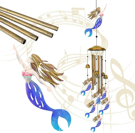 Mermaid Wind Chimes for Outside（Blue） - Wind Chime Gifts, Garden Metal Memorial Windchimes for Mom, Grandma, Yard, Porch, Garden Decor or Birthday Mother's Day Christmas Memorial Gift